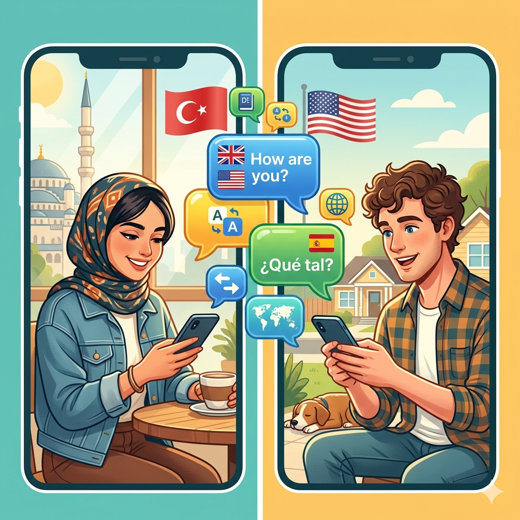 Uygulamanın farklı ülkelerdeki insanları dil öğrenimi amacıyla birbirine bağladığını görselleştirmek.